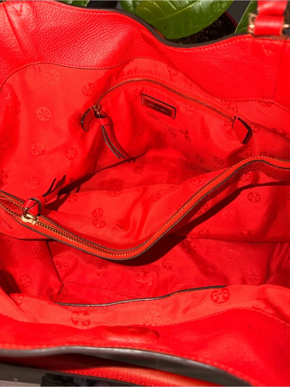 Tory Burch Bright Dark Red Pebbled Leather Tote